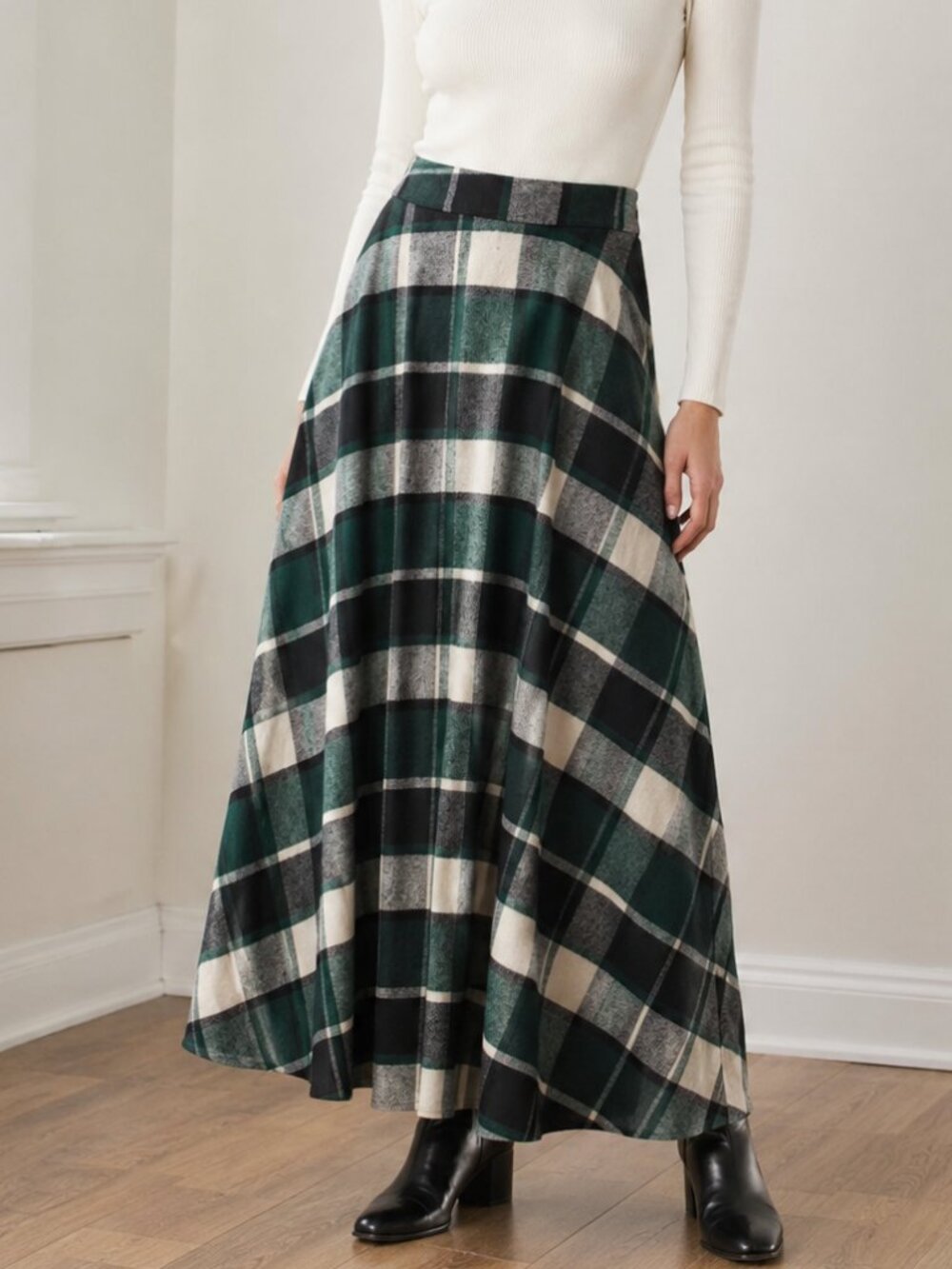 Green Black Plaid Maxi Skirt A-Line Flare Pockets